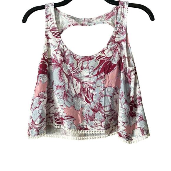 Tropical Floral Crop Top Sleeveless Keyhole Back Pom-Pom Trim Summer Tank - Picture 1 of 7